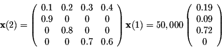 \begin{displaymath}{\bf x}(2) = \left(\begin{array}{cccc}
0.1&0.2&0.3&0.4\\
0.9...
...in{array}{cccc}
0.19\\
0.09\\
0.72\\
0\\
\end{array}\right)\end{displaymath}