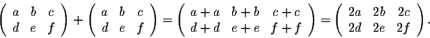 \begin{displaymath}\left(\begin{array}{cccc}
a&b&c\\
d&e&f\\
\end{array}\right...
...\begin{array}{cccc}
2a&2b&2c\\
2d&2e&2f\\
\end{array}\right).\end{displaymath}